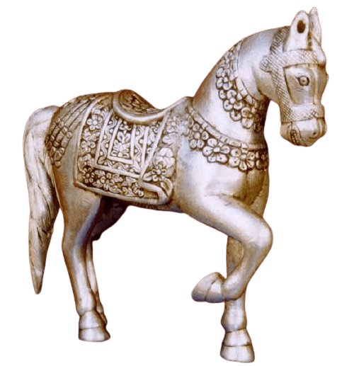 Wooden Teakwood White Metal Coated Handcarved Horse